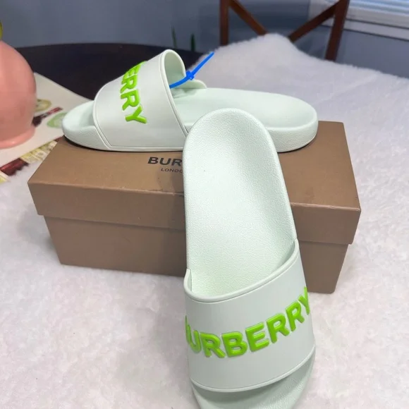 Burberry | Shoes | Burberry White Slides With Neon Green  display picture 1